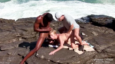 Sexy Blonde Tourist Interracial Double Penetration Outdoors by the Sea